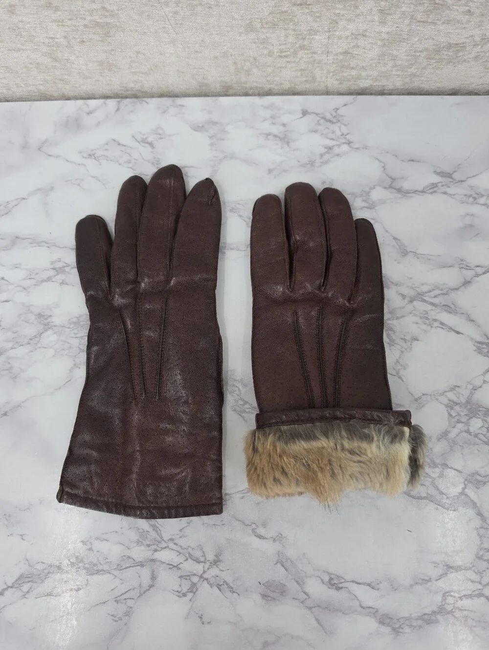 Vintage Brown Leather Gloves with Genuine Fur Lining